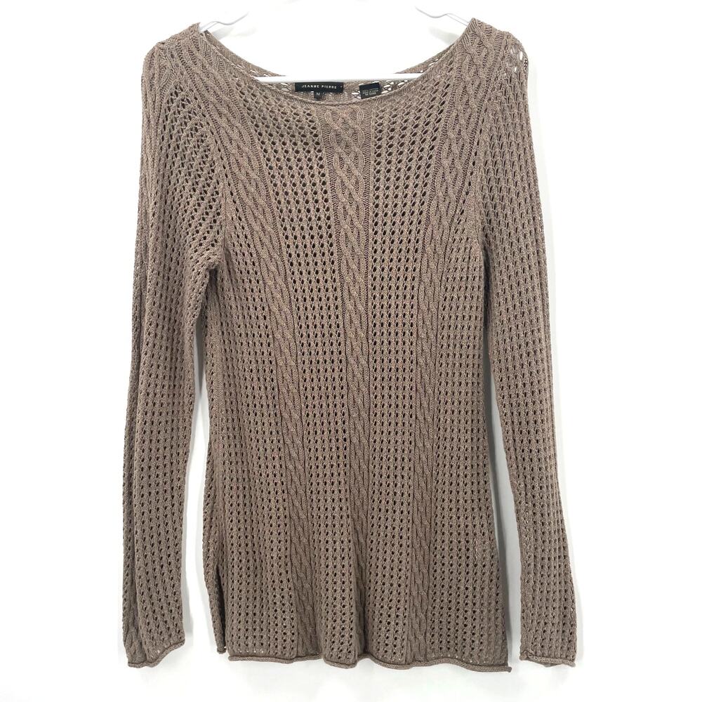Jeanne‎ Pierre 100% Cotton Women's Open Knit Sweater, Taupe, Sz. M Fishnet